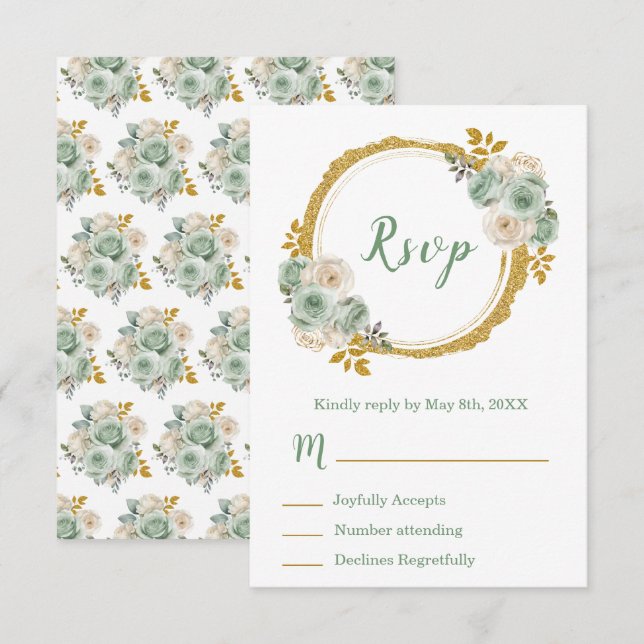 Sage Green and Gold Elegant Flowers Sweet Sixteen RSVP Card (Front/Back)