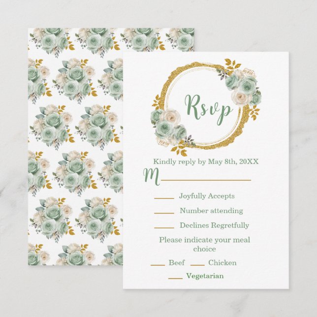 Sage Green and Gold Elegant Flowers Sweet Sixteen RSVP Card (Front/Back)