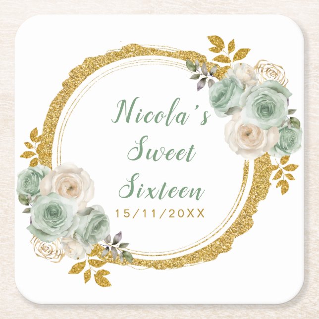 Sage Green and Gold Elegant Flowers Sweet Sixteen Square Paper Coaster (Front)
