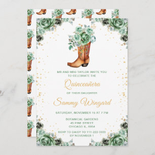 Sage Green and Gold Floral Cowboy Boot Quinceañera Invitation