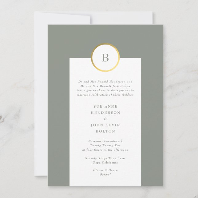 Sage Green and Gold Foil Circle Monogram Wedding Invitation (Front)