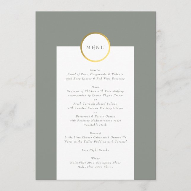 Sage Green and Gold Foil Circle Monogram Wedding Menu (Front)