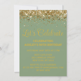 Sage Green and Gold Glitter 50th Birthday Party Invitation