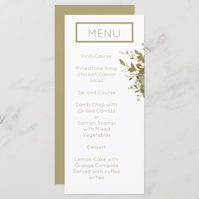 Sage Green and Gold Modern Minimalist Wedding Menu (Front/Back)