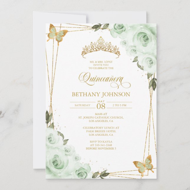 Sage Green and Gold Quinceañera Invitation (Front)