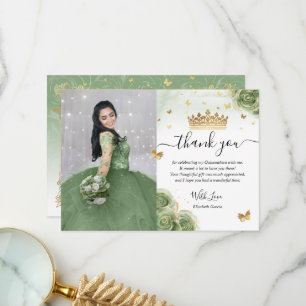 Sage Green and Gold Quinceañera Photo Birthday Thank You Card