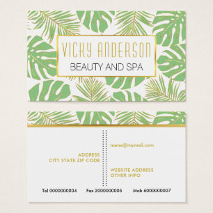 Sage green and gold tropical leaves business cards