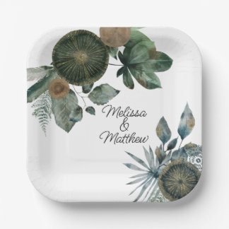Sage green and gold wedding, engagement, couple paper plate