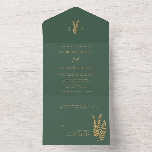 Sage Green and Gold Wild Flowers Minimal Wedding  All In One Invitation (Inside)