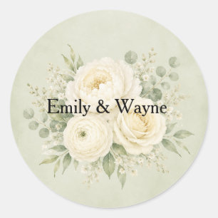Sage Green and Ivory Floral Wedding Classic Round Sticker