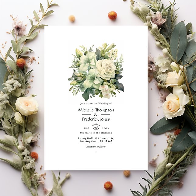 Sage Green and Ivory Floral Wedding Invitation (Creator Uploaded)