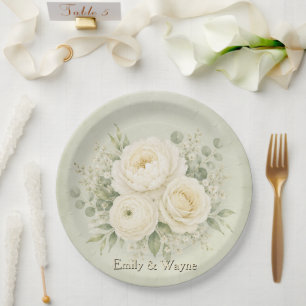 Sage Green and Ivory Floral Wedding Paper Plate