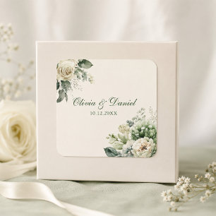 Sage Green and Ivory Flowers Wedding Square Sticker