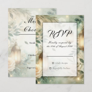 Sage Green and Ivory Rose Lantern Wedding RSVP Card