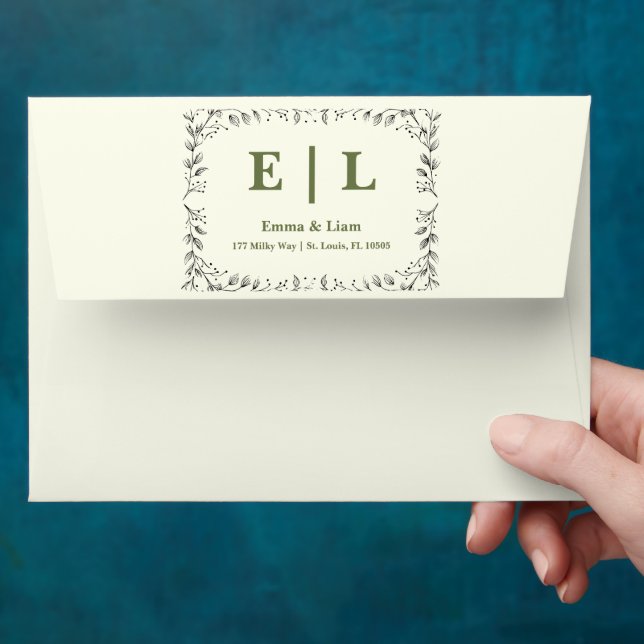 Sage Green and Ivory Wedding Botanical Design Envelope (Hand)