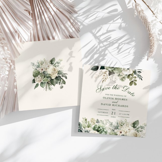 Sage Green and Ivory Wildflower Save the Date Card (Sage Green and Ivory Wildflower Save the Date Card on a sunny white table.)