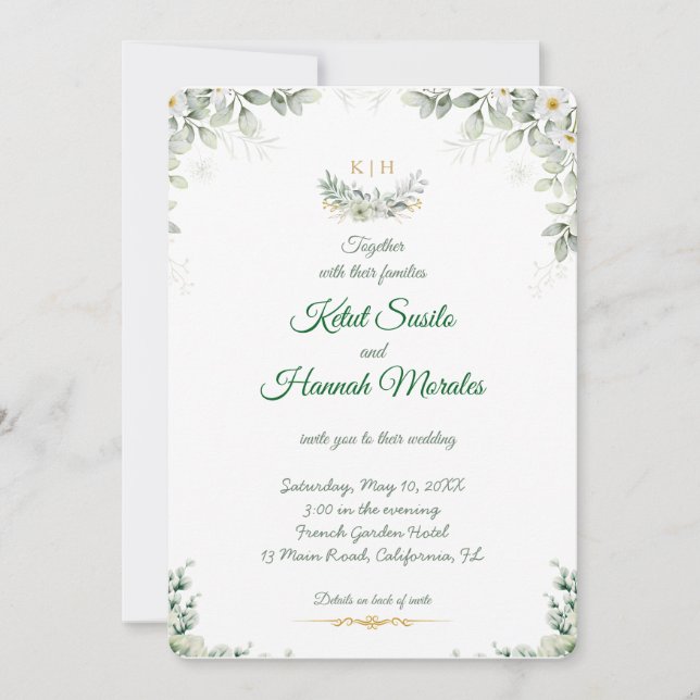 sage green and navy blue wedding invitations (Front)