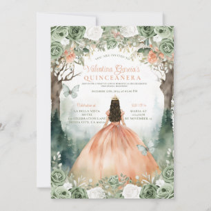 Sage Green and Orange Quinceañera 15 Anos Flowers Invitation