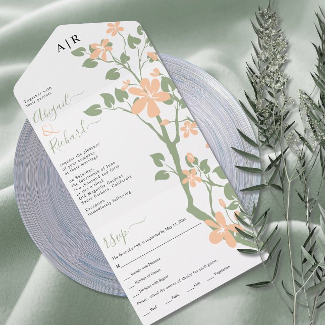 Sage green and peach branch with flowers wedding a all in one invitation (Creator Uploaded)