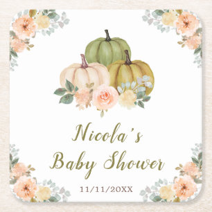 Sage Green and Peach Floral Pumpkins Baby Shower Square Paper Coaster