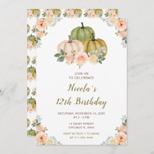 Sage Green and Peach Floral Pumpkins Birthday Invitation