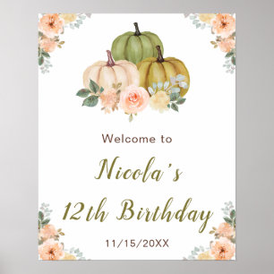 Sage Green and Peach Floral Pumpkins Birthday Poster