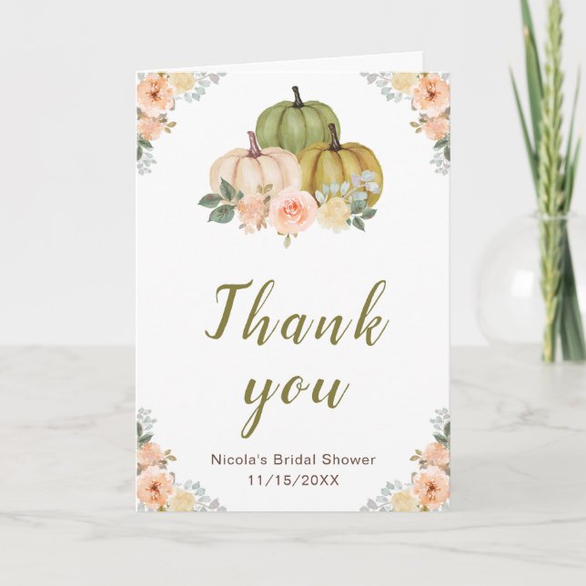 Sage Green and Peach Floral Pumpkins Bridal Shower Thank You Card (Front)