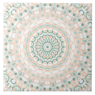 Sage Green and Peach Mandala Pattern Ceramic Tile