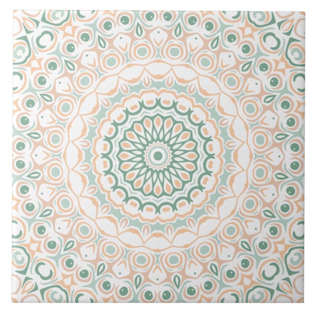 Sage Green and Peach Mandala Pattern Ceramic Tile (Front)