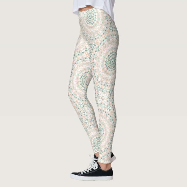 Sage Green and Peach Mandala Pattern Leggings (Left)