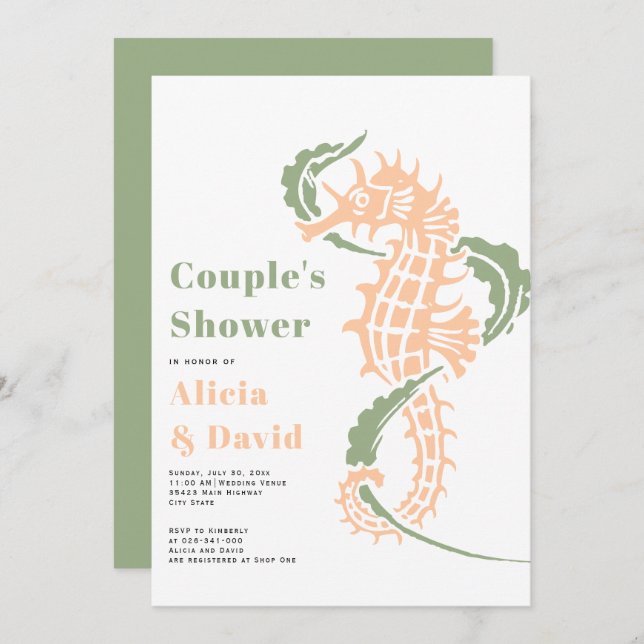 Sage green and peach seahorse beach couples shower invitation (Front/Back)