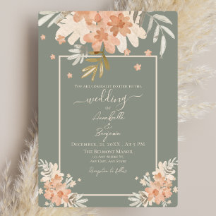 Sage Green and Peach Watercolor Floral Wedding Invitation