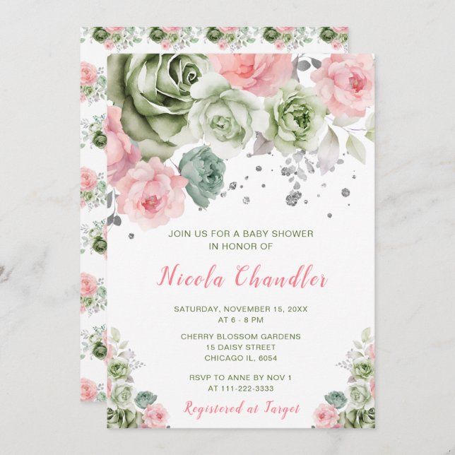 Sage Green and Pink Floral Baby Shower Invitation (Front/Back)