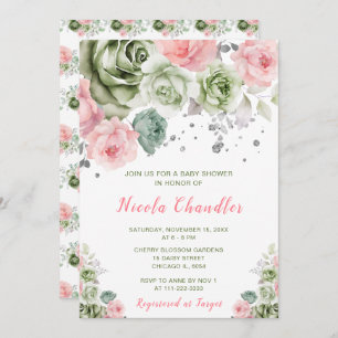 Sage Green and Pink Floral Baby Shower Invitation