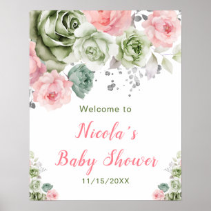 Sage Green and Pink Floral Baby Shower Welcome Poster