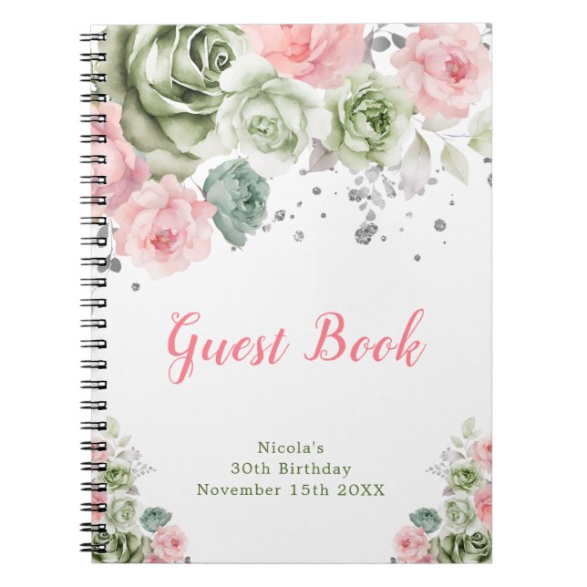 Sage Green and Pink Floral Birthday Guest Book (Front)