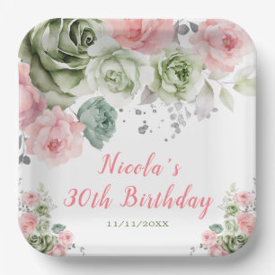 Sage Green and Pink Floral Birthday Paper Plate