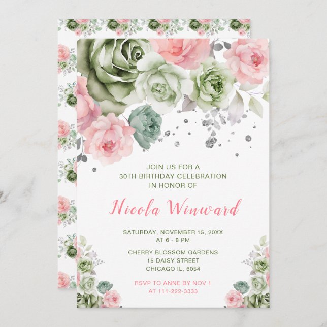 Sage Green and Pink Floral Birthday Party Invitation (Front/Back)