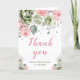Sage Green and Pink Floral Birthday Thank You Card