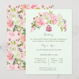 Sage Green and Pink Floral Hindu Ganesh Wedding Invitation