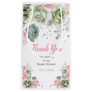 Sage Green and Pink Floral Sweet Sixteen Small Gift Bag
