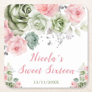 Sage Green and Pink Floral Sweet Sixteen Square Paper Coaster