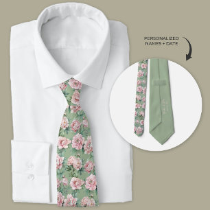 Sage Green and Pink Peony Floral Groomsmen  Tie