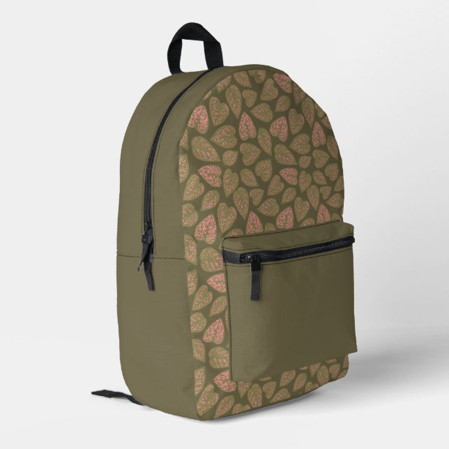 Sage Green and Pink Polka Dot Plant Leaves Printed Backpack (Back Corner Left)