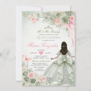 Sage Green and Pink Princess Butterfly Quinceañera Invitation