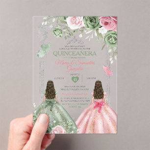 Sage Green And Pink Twin Quinceañera Butterfly Acrylic Invitations