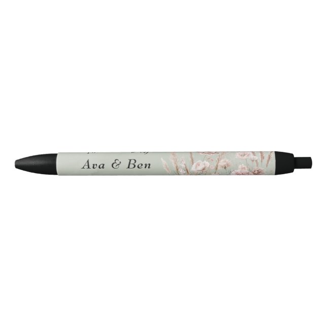 Sage Green and Pink Wildflowers Wedding Black Ink Pen (Front)