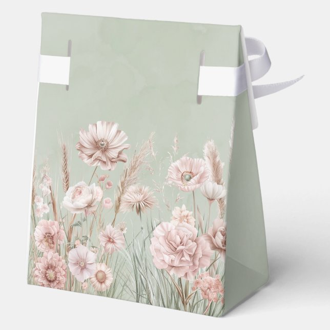 Sage Green and Pink Wildflowers Wedding Favour Box (Back)