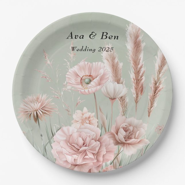 Sage Green and Pink Wildflowers Wedding Paper Plate (Front)