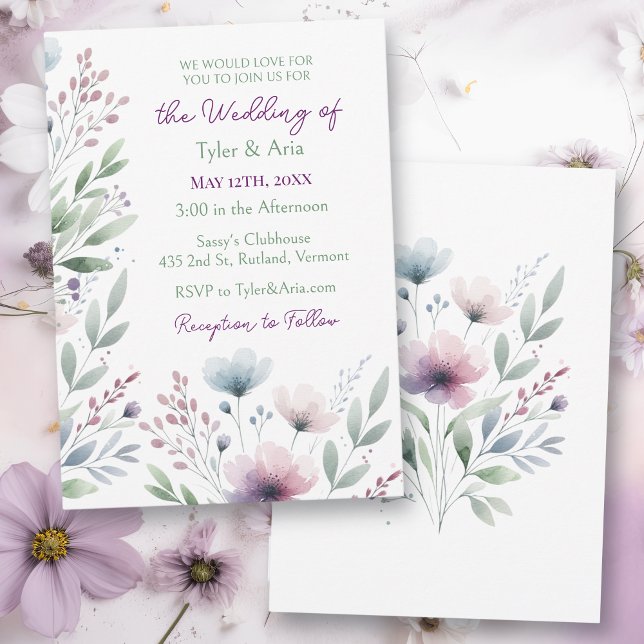 Sage Green and Plum Purple Botanical Wedding Invitation (Creator Uploaded)